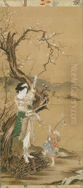 Figures Under A Plum Tree Oil Painting by Toyota Hokkei