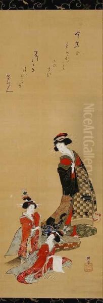 Courtesan And Child Oil Painting by Teisai Hokuba