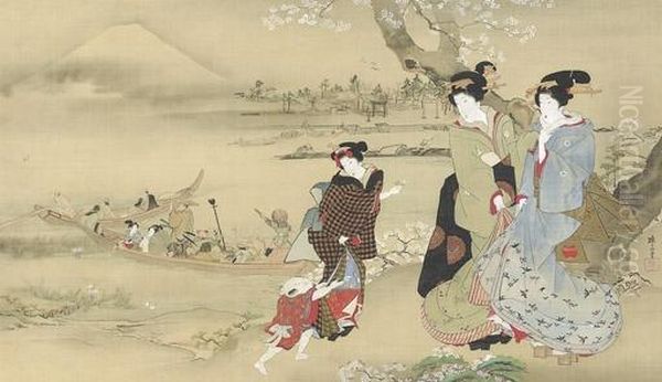 Beauties On The Bank Of The Sumida River Oil Painting by Teisai Hokuba