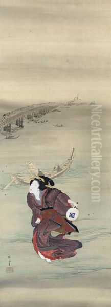 Geisha Hunting Fireflies In The Sumida River Oil Painting by Teisai Hokuba