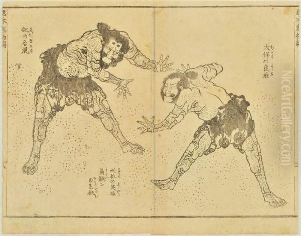 Wrestling Figures Oil Painting by Katsushika Hokusai