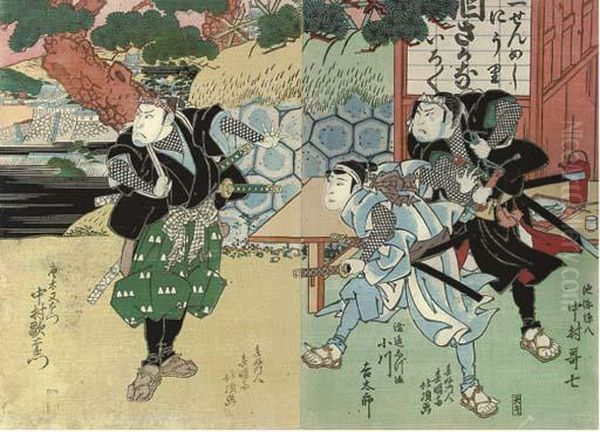 Two Oban Sheets Depicting Actors On A Riverbank Before A Pavilion Oil Painting by Hokushu