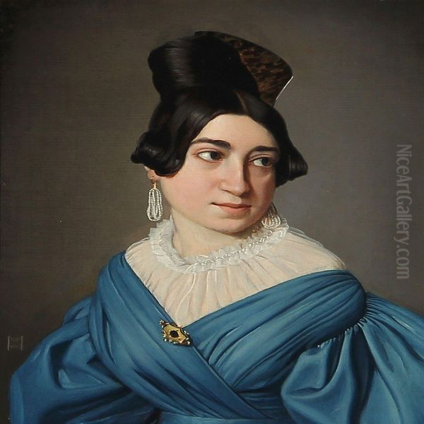 Portrait Of A Young Girl In A Blue Dress With A Gold Brooch Oil Painting by Niels Peter Holbech