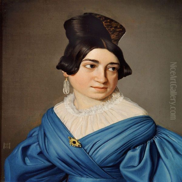 Portrait Of A Young Girl In A Blue Dress Decorated With A Goldbrooch Oil Painting by Niels Peter Holbech