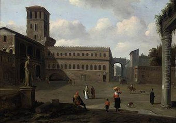 A Medieval Town Square With Figures Beside Roman Ruins Oil Painting by Jan Cornelis Holblock