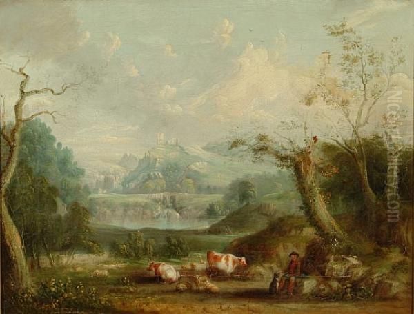 A Shepherd With Sheep And Cattle In A River Landscape With A Ruined Castle On A Hill Beyond Oil Painting by Abel Hold