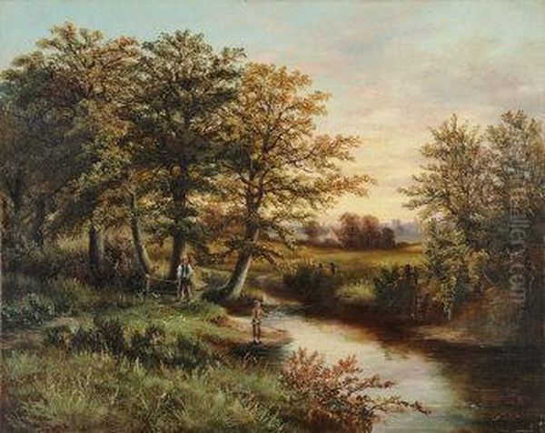 River Landscapes With Children Fishing Oil Painting by Benjamin, Ben Hold