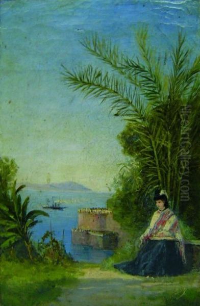 Gentildonna Seduta Con Sfondo Di Marina E Castello Oil Painting by Fanny Holden