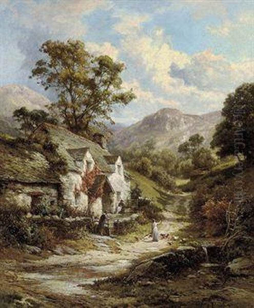 Figures And Chickens Before A Country Cottage Oil Painting by Edward Henry Holder