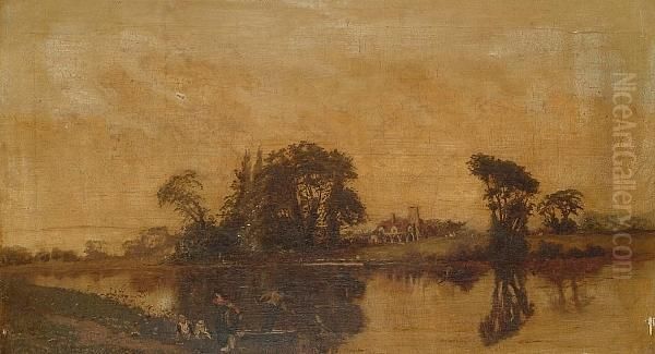 View Of An Abbey From Accross A River Oil Painting by Johann M. Holder