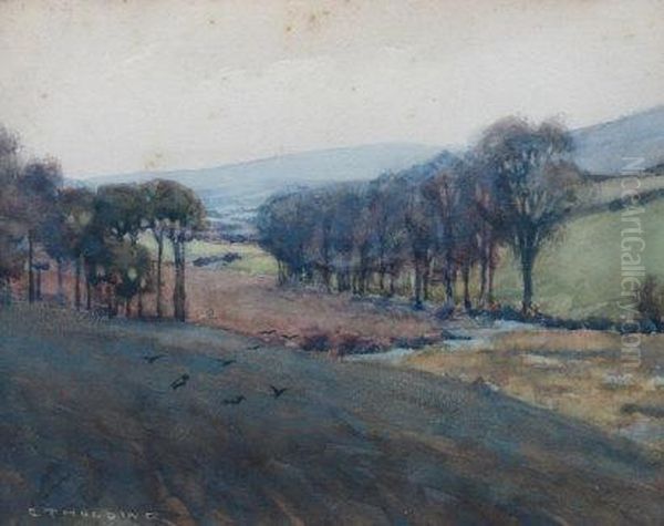 'autumn At Shallowford ' Landscape With Fields, Trees And Birds In
 Flight Oil Painting by Edgar Thomas Holding