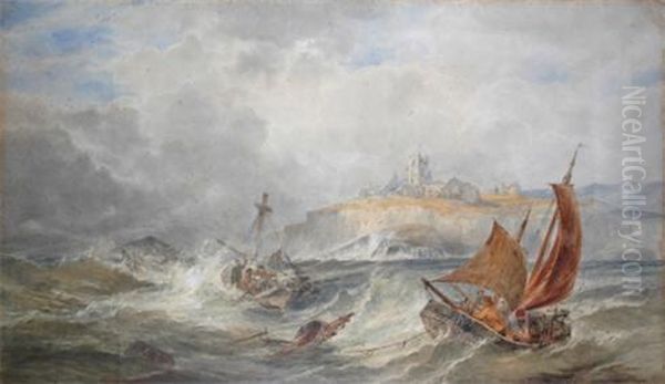 Small Fishing Boats In A Rough Sea Off The Coast With A Ruined Church Oil Painting by Henry James G. Holding