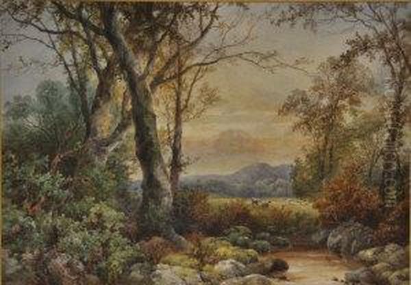 Sheep Grazing Amongst Tees In A Mountainous Landscape Oil Painting by John Holding