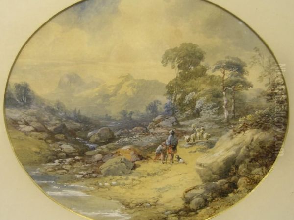 Two Shepherds With Their Charges And Dog In A Pastoral Scene, Watercolour With Heightening, 19th Century, 25 X 30 Cm 250-300 Oil Painting by John Holding