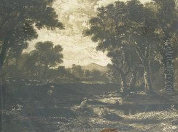 Figures By A Pond Withtrees Oil Painting by William Brassey Hole