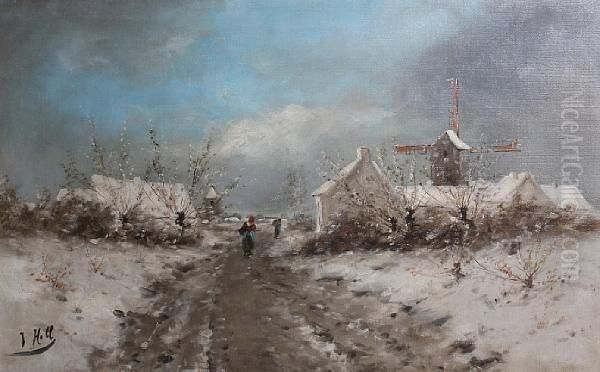 Village Scene In Winter Oil Painting by John Holl