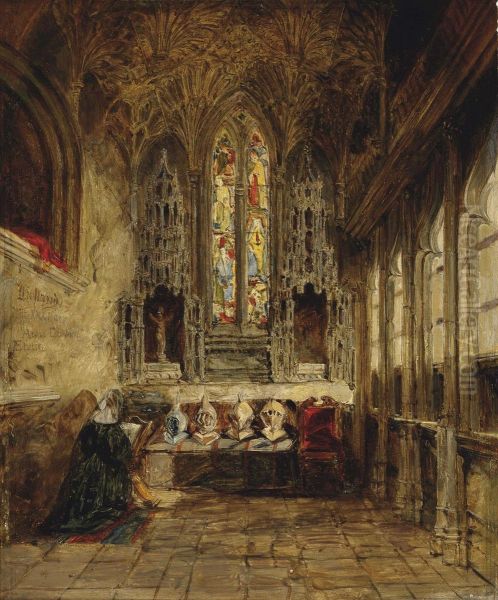 A Nun Praying In A Church Interior Oil Painting by James Holland