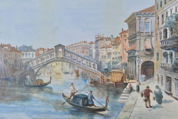 Gondolas Near Rialto Bridge Oil Painting by James Holland