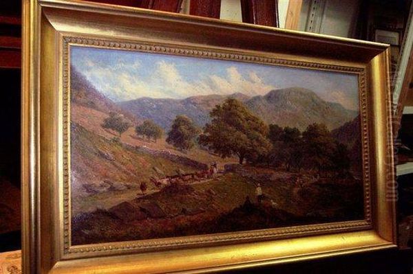 Cattle And Figures In A Mountain Landscape Oil Painting by John Holland