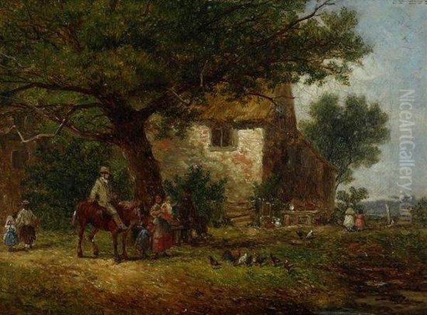 Figures Near A Farmhouse Oil Painting by John Holland