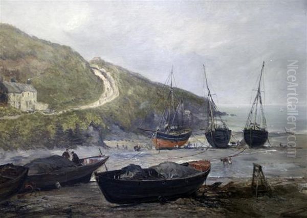 Beached Fishing Boats On The Isle Of Man Oil Painting by John Snr. Holland