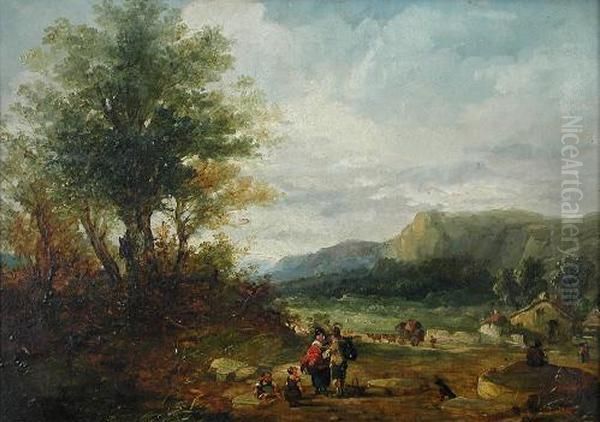 Villagers Conversing In A Wooded Valley Oil Painting by John Snr. Holland