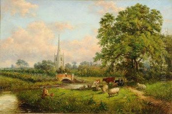 Repton Church From The River Trent Oil Painting by John Ii Holland