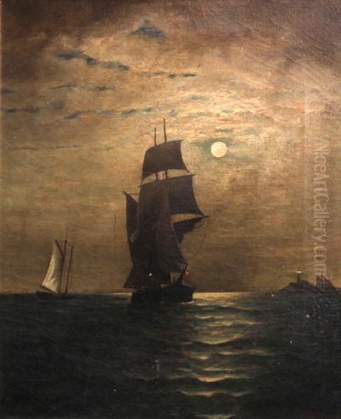 Moonlit Ship At Sea Oil Painting by R. Holland