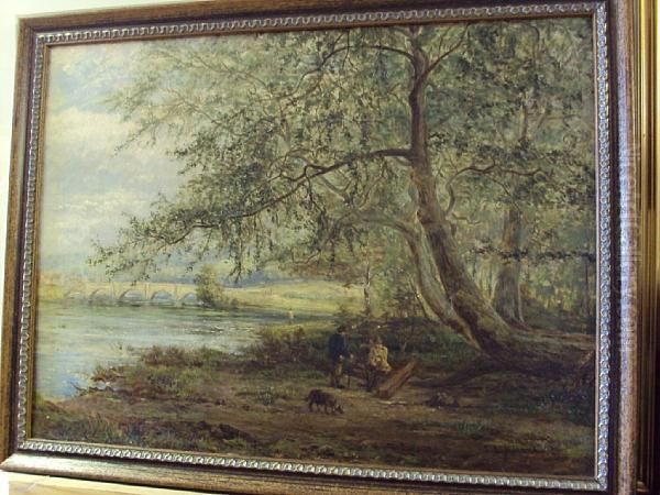 Wooded River Landscape With Gentlemen And Dog By The Riverside Oil Painting by Sebastopol Samuel Holland