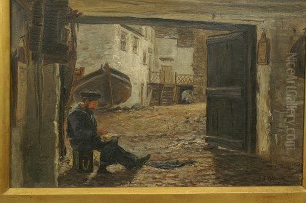 A Quiet Moment, A Seated Fisherman, Before A Courtyard With Boat And Chickens Oil Painting by Sebastopol Samuel Holland