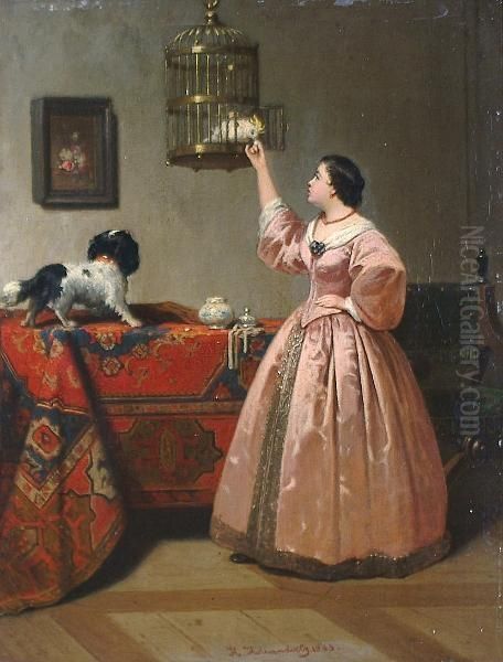 Rivals For The Lady's Attention 'h.hollander.1863' Oil Painting by Hendrik Hollander Cz