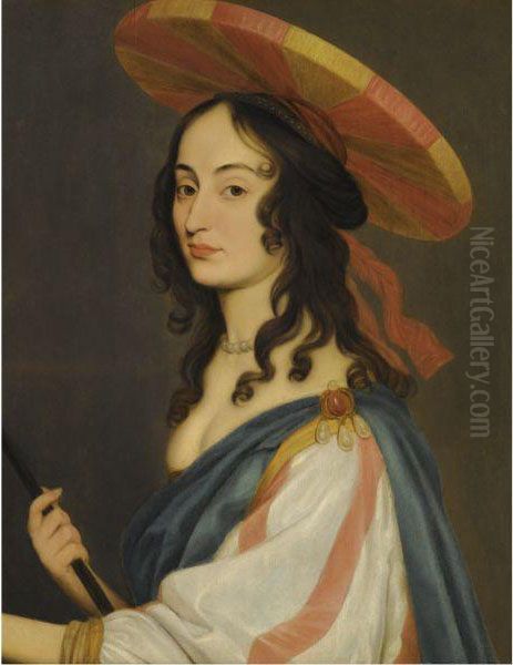 Self-portrait, Holding A Paint Brush Oil Painting by Luise, Princess Hollandine