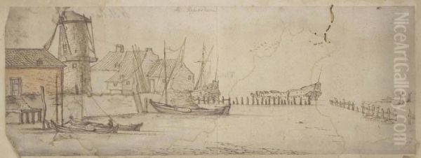 Fishing Vessels And Men O' War In A Harbour At Rotterdam Oil Painting by Wenceslaus Hollar