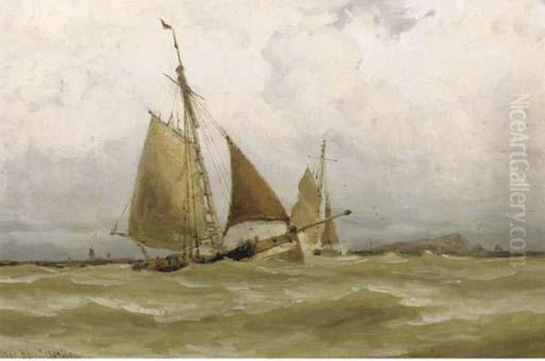 In Full Sail By A Coastline Oil Painting by Jacob Huijbrecht Hollestelle