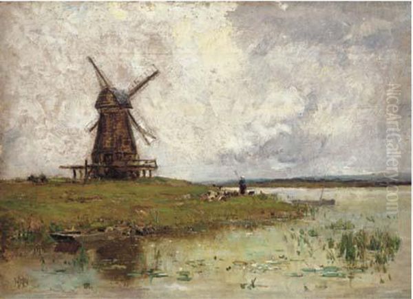 A Shepherdess And Her Flock By A Windmill Oil Painting by Horatio R. Hollingdale