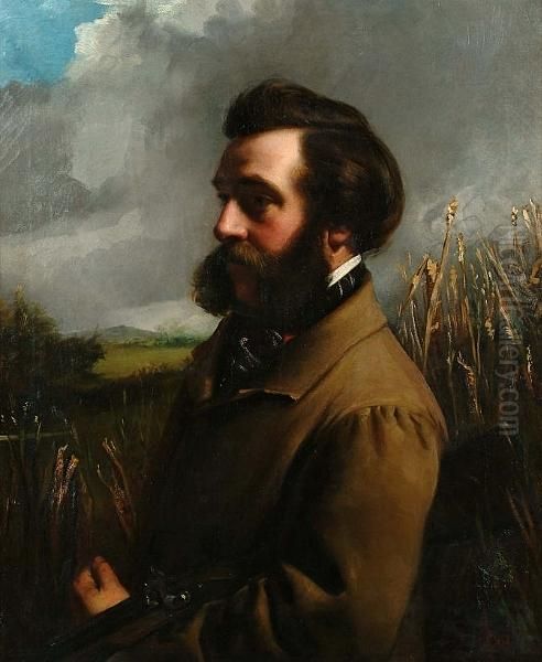 Portrait, Bust Length, Of A Bearded Gentleman Holding A Gun Oil Painting by L. Holloway