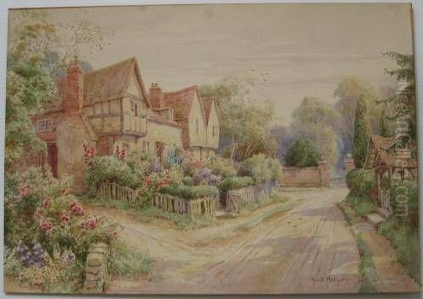 Thatched Roof House With Gardens Oil Painting by Maud Hollyer