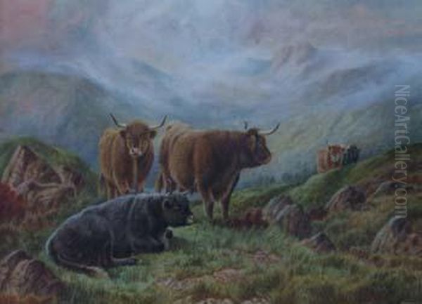 Highland Cattle In Landscape Oil Painting by William Perring Hollyer