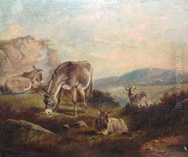 Donkey And Goats Grazing In Landscape Oil Painting by William Perring Hollyer