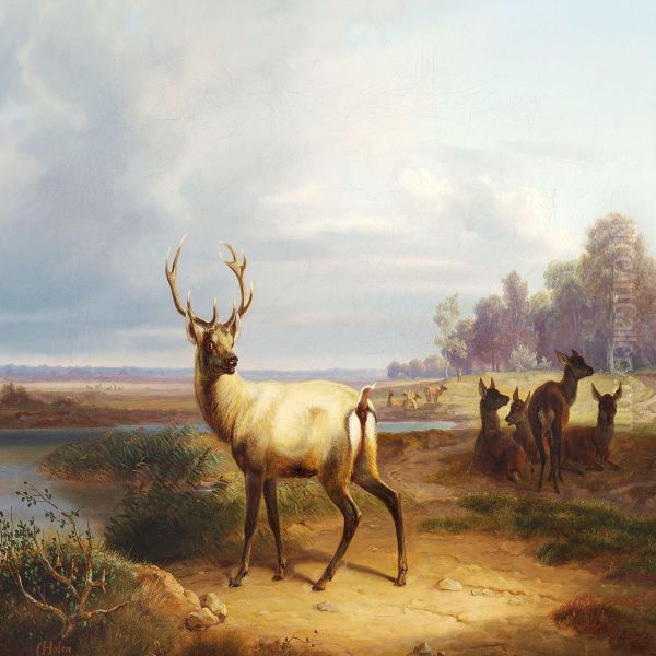 Stag And Red Deer Near A Lake Oil Painting by Christian Frederik Holm