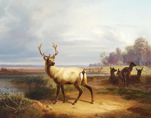 A Stag With Hinds Oil Painting by Christian Frederik Holm