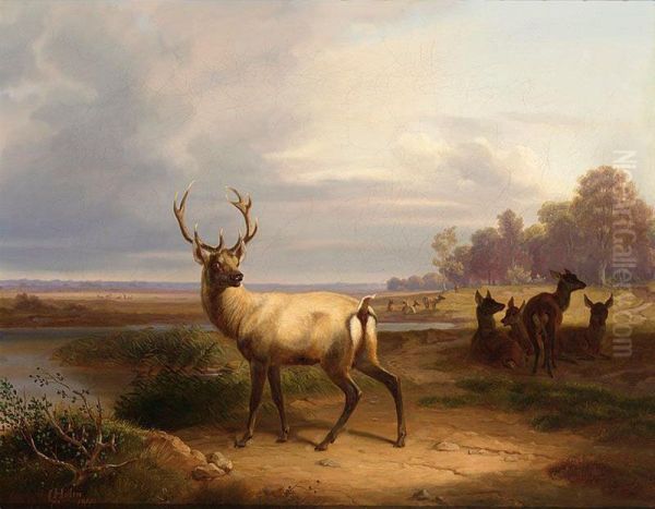 Deer In A Landscape Oil Painting by Christian Frederik Holm