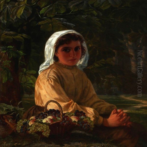 An Italian Girl With Grapes Sitting Under A Chestnut Tree Oil Painting by Just Holm