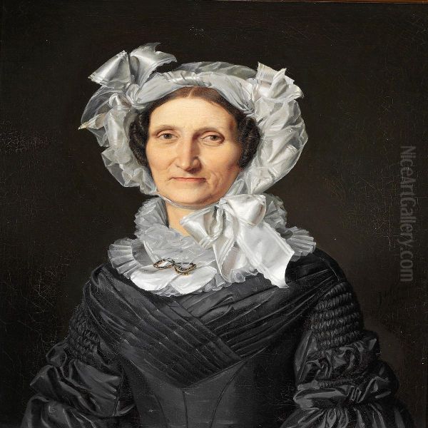 An Elegant Woman In A Black Dress And A White Bonnet With Bows Oil Painting by Just Holm