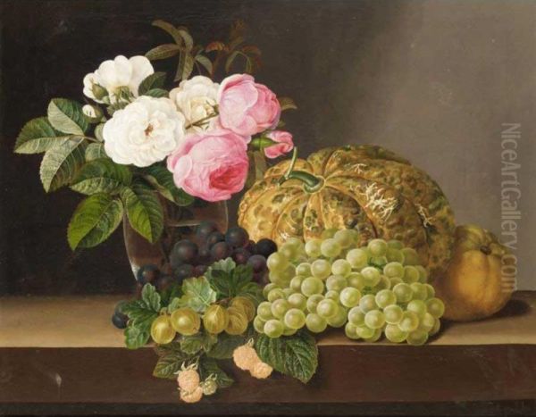 Still Life With Roses In A Glass Vase Together With A Melon, Grapes, Gooseberries, Raspberries And A Grapefruit On A Stone Ledge Oil Painting by Line Holm