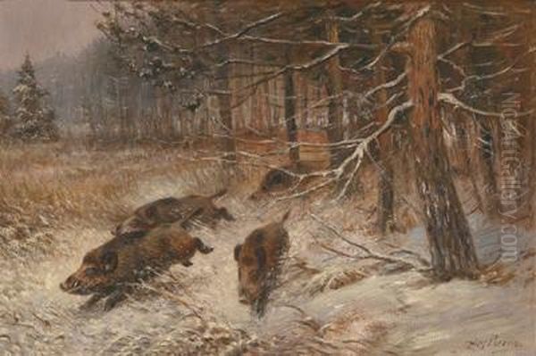 Wildschweine Im Winterwald Oil Painting by Wilhelm Lorens Holm