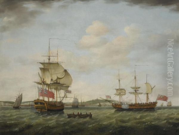 A British Sixth Rate Man Of War Off Dover, In Two Positions Oil Painting by Francis Holman