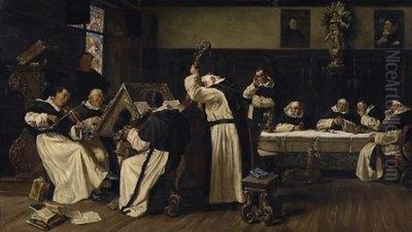 Friars Making Music. Signed And Dated Bottom Right: A. Holmberg 1875 Oil Painting by August Holmberg