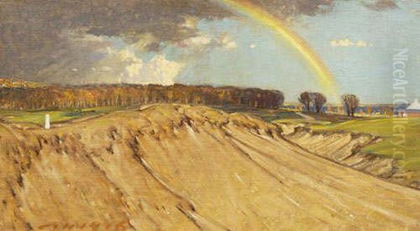 Gravel Pitt And Rainbow,hartingdon, Bedfordshire Oil Painting by Charles John Holmes