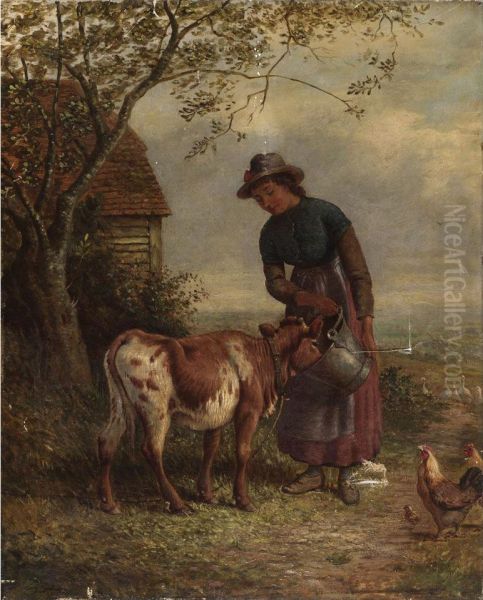 Feeding The Calf Oil Painting by George Holmes